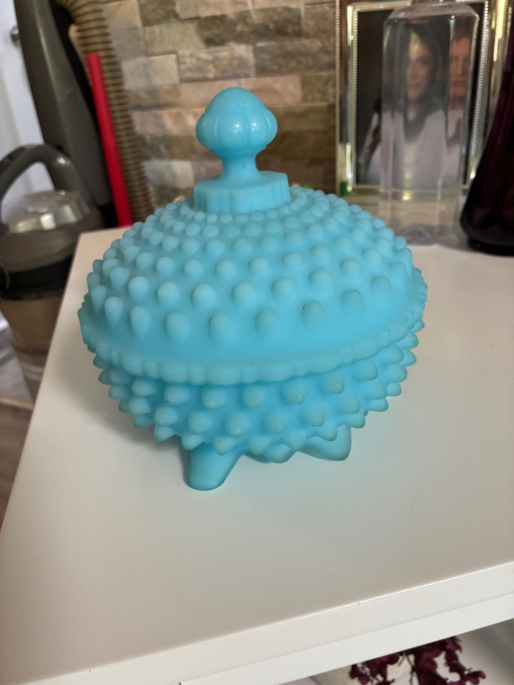 Fenton Aqua Blue Hobnail Covered Candy Dish